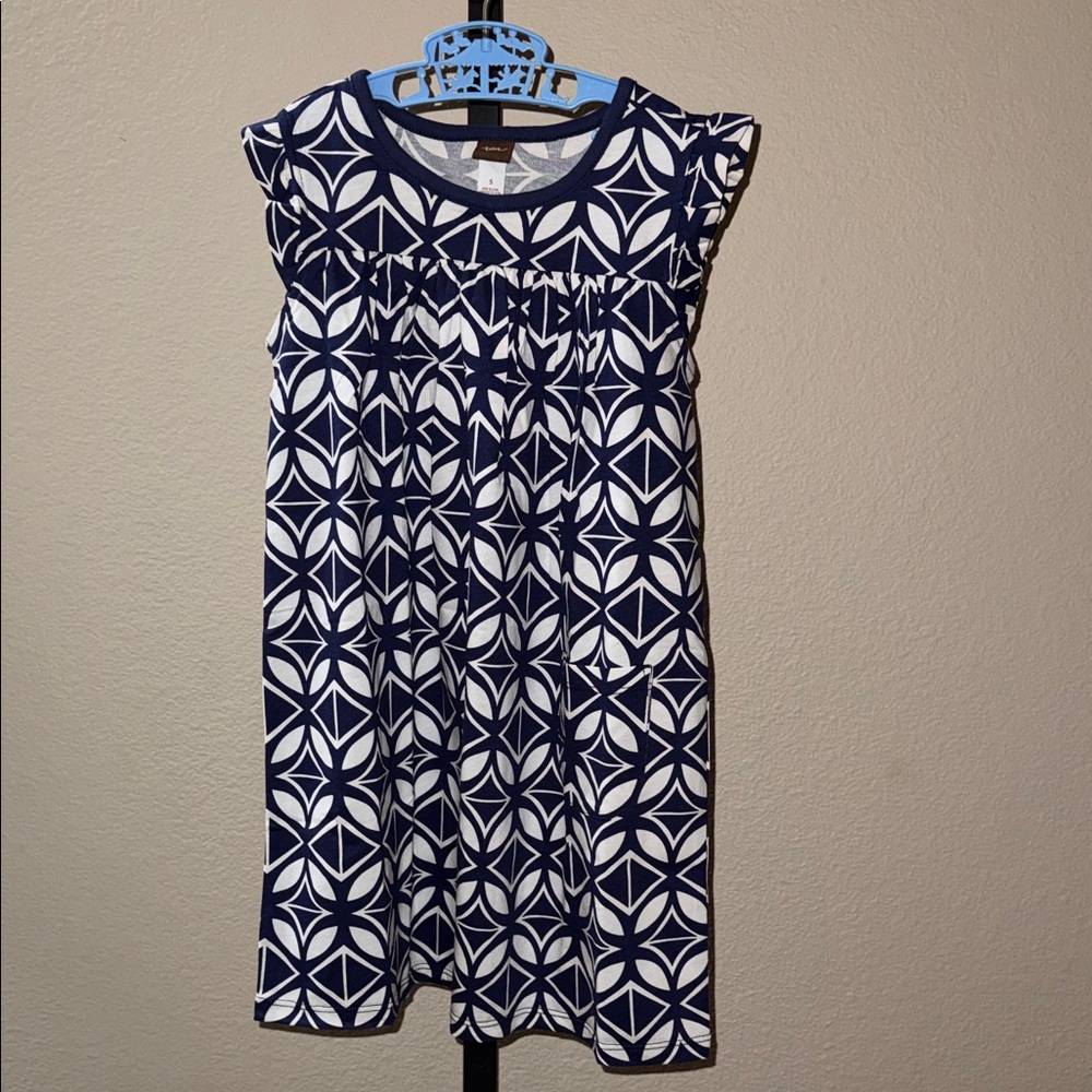 Tea Collection Blue and White Geometric Ruffle Sleeveless Dress Girl’s Size 5
